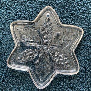 Fostoria Clear Glass Christmas Ornament- Holly & Pinecone Snowflake